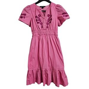 French Connection Embroidered Cotton Midi Dress Womens Medium Pink Smocked Boho